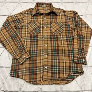 JC Penny Big Mac Men’s L- Tall Tan Plaid Flannel Shirt Vintage 70’s Cotton Blend